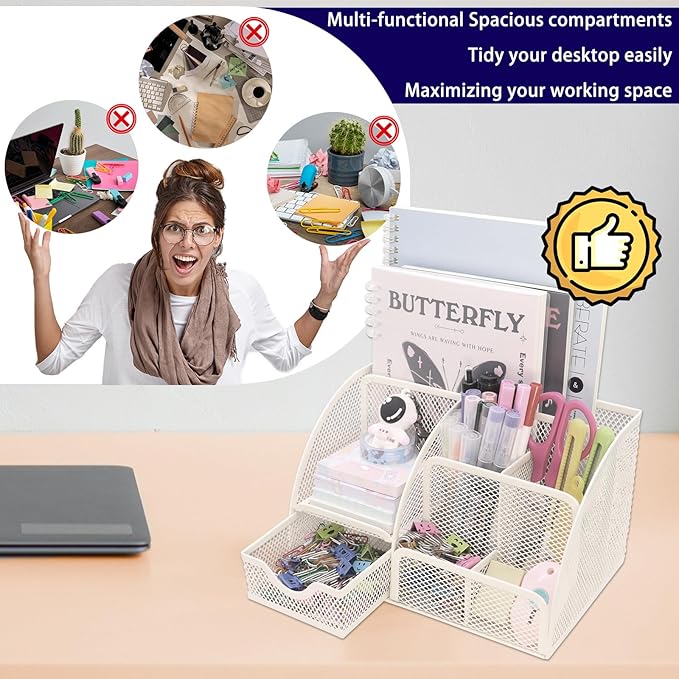 Boutilon Mesh Desk Organizer Desktop Office Supplies Stationary Organizer with 6 Compartments and 1 Drawer Multi-Functional Caddy Pen Holder for Home Office School Desk Decor(White)