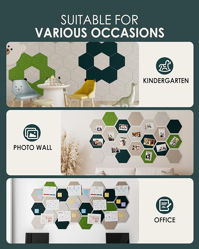 MaxGear 8Pcs Large Hexagon Felt Cork Board Tiles, Green Self-Adhesive DIY Bulletin Board Pin Board for Office School Home Wall Decor Stickers Photos Display Memos