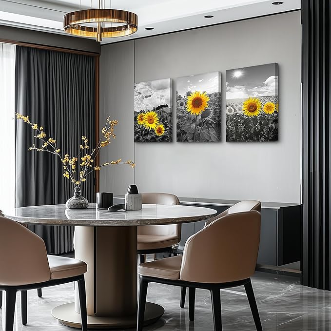 Canvas Wall Art - Family Wall Decor, Kitchen & Bedroom - Black & White Pastoral Scenery - Sunflower Flowers - 16x12, 3 Piece