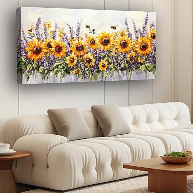 Abstract Sunflower and Lavender Picture Print Canvas Wall Art Living Room Dining Room Office Study Bedroom Wall Decor Wall Art Prints Modern Style Artwork Waterproof Ready to Hang - 20x40 Inch