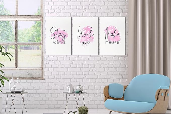 SHMAO Pink Office Canvas Wall Art Motivational Wall Decor, 3 Piece Stay Work Make Print Pictures for Office Wall Decor Women Inspirational Framed Artwork Home Office Decor 12”x18”x3 Panels
