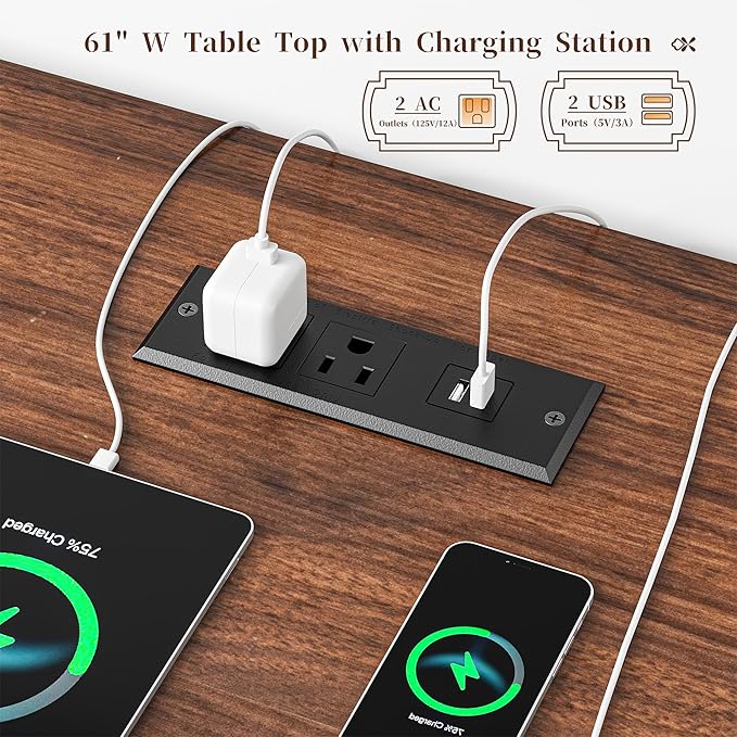 EnHomee 60.4" Computer Desk with Drawer & Power Outlet, Gaming Desk with LED Light, Farmhouse Desk Study Desk with Monitor Stand, Home Office Desk, Work Desk for Bedroom, Study Room, White