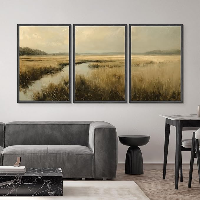 SIGNWIN Framed Canvas Print Wall Art Set Creek Through Golden Grasslands Illustrations Decorative Relax/Calm Zen for Living Room, Bedroom, Office - 16"x24"x3 BLACK