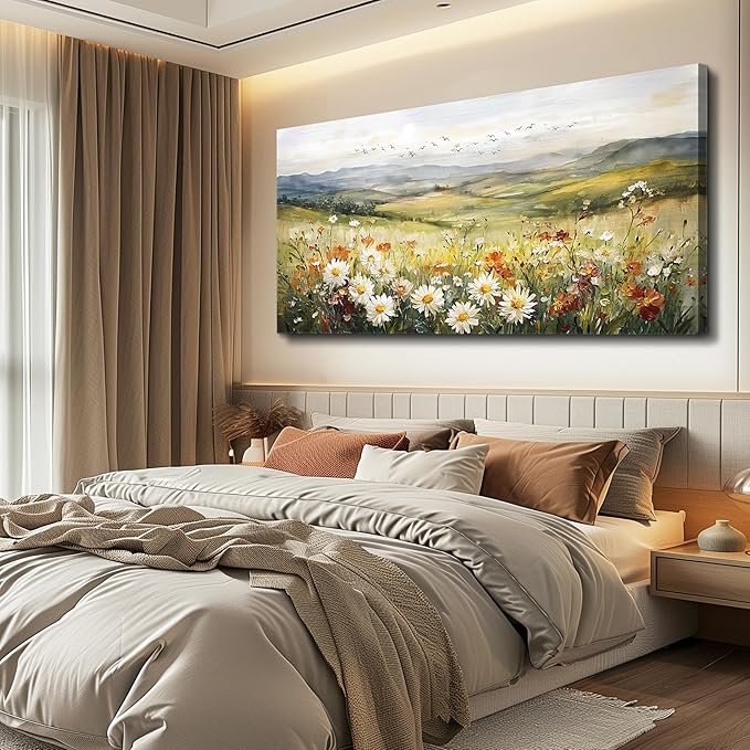 FUHAIHUA Large Framed Wall Decor For Living Room Canvas Wall Art For Office Farmhouse Wall Decorations For Bedroom Prairie Flowers Landscape Paintings Modern Pictures Artwork Home Decor 24" x 48"