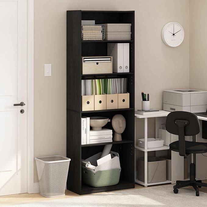 Furinno GEHRY Book Shelf, 5-Tier Bookshelf, Bookcase, with Adjustable Shelves, 11.6 x 24.8 x 71.4, for Home Office, Living Room, Darkwood