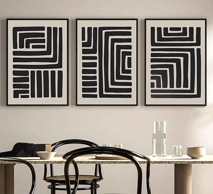 3 Pcs Boho Abstract Lines Canvas Wall Art Modern Neutral Minimalist Bohemian Black Geometric Line Picture Wall Decor Poster Print Artwork for Living Room Bedroom Office Home Decoration Unframed