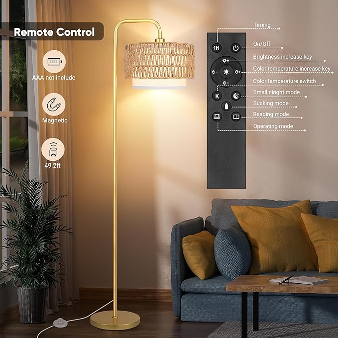 PARTPHONER Gold Floor Lamp for Living Room, Farmhouse Tall Lamp with 3 Color Temperatures Remote & Dimmable Bulb, Boho Lamp Rattan and Fabric Shades Bedroom Study Room Office Hotel