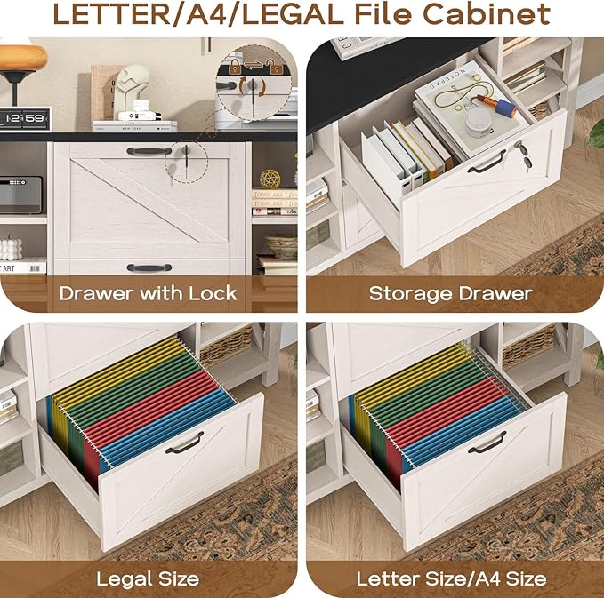 44" Lateral File Cabinet with Adjustable Shelves, Farmhouse 2 Drawer Filing Cabinet with Lock for Legal/A4/Letter, Wooden Printer Stand Office Furniture for Home Office, White and Black