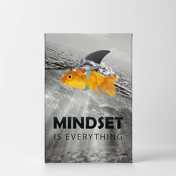 Smile Art Design Black and White Mindset is Everyting Orange Fish vs Shark Motivational Wall Art Canvas Print Inspirational Entrepreneur Quote Office Living Room Decor Gift Ready to Hang 12x8