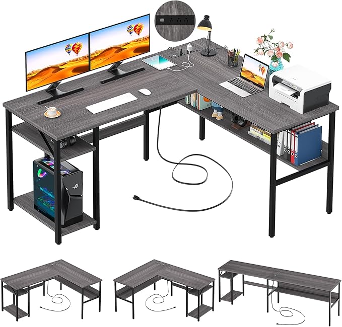 Unikito Reversible L Shaped Desk with Magic Power Outlets and USB Charging Ports, Sturdy Corner Computer Desk with Storage Shelves, Gaming Table Home Office Desk, Easy to Assemble, Enoch Walnut