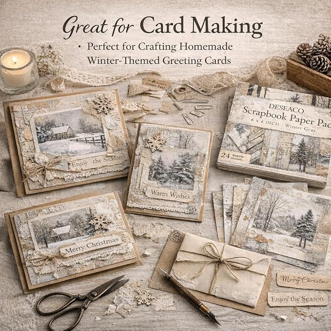 Scrapbook Paper Pad, 6x6 Inch, Single-Sided Decorative Craft Paper, 24 Sheets for Scrapbooking, Cardmaking & DIY Crafts - Winter Gray