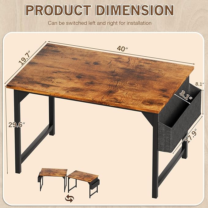Shahoo 40 Inch Computer Desk, Wood Modern Simple PC Home Office Table for Small Spaces with Storage Bag and Headphone Hook for Home, Office, Study, Writing, Rustic Brown