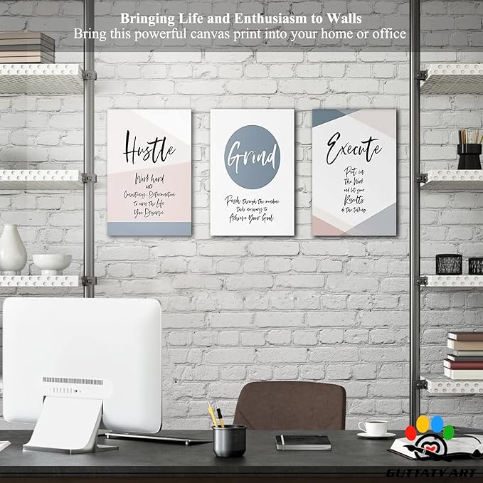 Office Wall Art - 3 Panel Motivational Wall Art, Inspirational Quotes Canvas Art for Home Office Wall Decor, Positive Quotes Wall Decor, Entrepreneur Grind Hustle Execution Poster Frame (12”x24”x3Pcs)