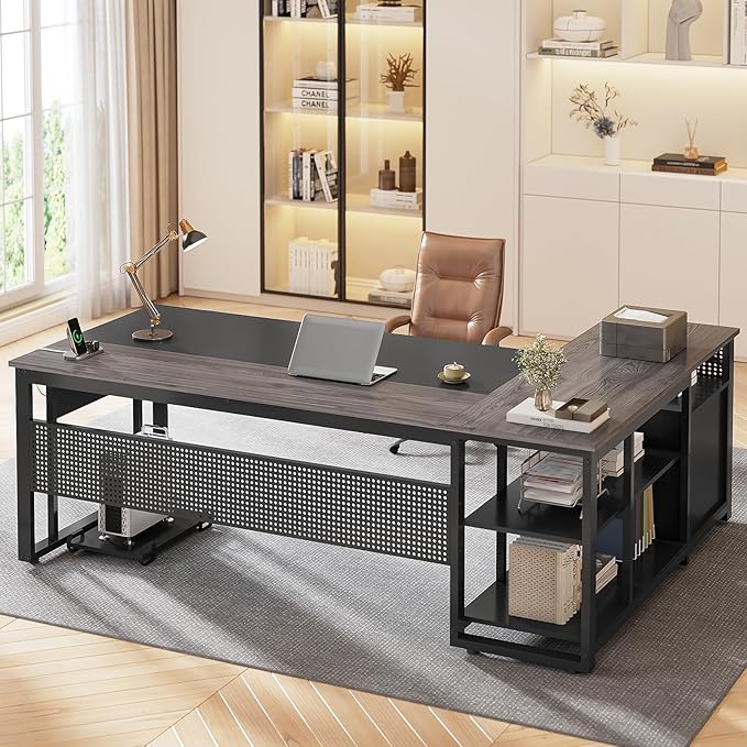 71 in Executive Desk with Power Outlets, Reversible L Shaped Computer Desk with File Drawers & Storage Shelves, Large Office Desk with Pegboard, Mobile CPU Stand, Modern Corner Desk (Grey)