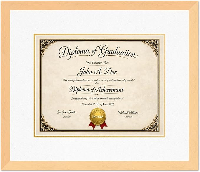 Diploma Frame Natural Wood with Oyster Shell Over Gold Double Mat - Fits 14 x 11 College Diploma (Modern) Wall Display Made in the USA