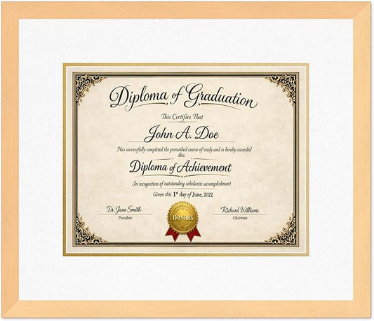 Diploma Frame Natural Wood with Oyster Shell Over Gold Double Mat - Fits 14 x 11 College Diploma (Modern) Wall Display Made in the USA