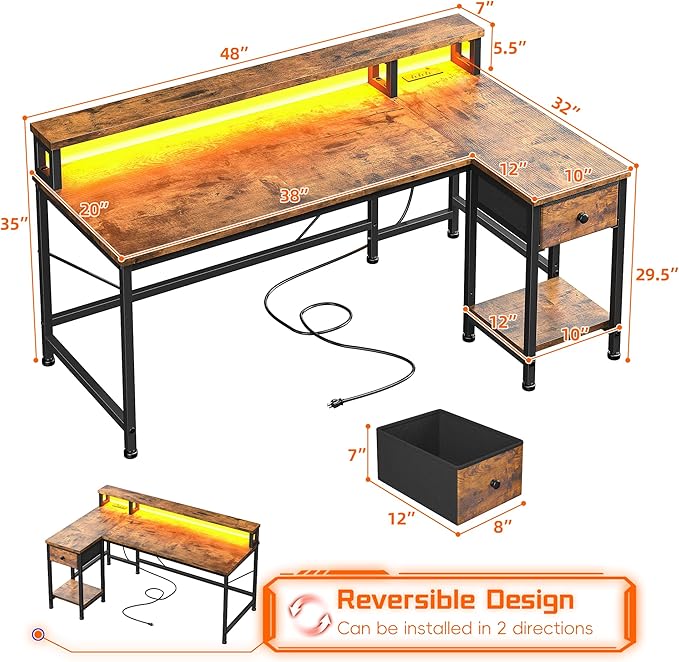 48" Gaming Desk with LED Lights, Computer Desk with Power Outlet & Drawer, L Shaped Desk with Monitor Stand for Gaming, Home Office Desk for Study Room, Bedroom, Living Room, Rustic Brown