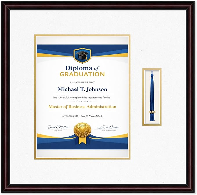 Diploma Frame with Tassel Holder 20.25 x 20 Executive Brown Shadowbox Oyster Shell Over Gold Mat - Fits 10 x 13 Degree Made in the USA