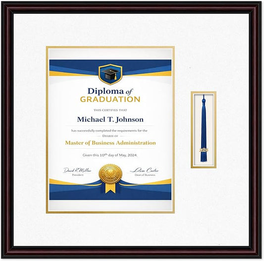 Diploma Frame with Tassel Holder 20.25 x 20 Executive Brown Shadowbox Oyster Shell Over Gold Mat - Fits 10 x 13 Degree Made in the USA