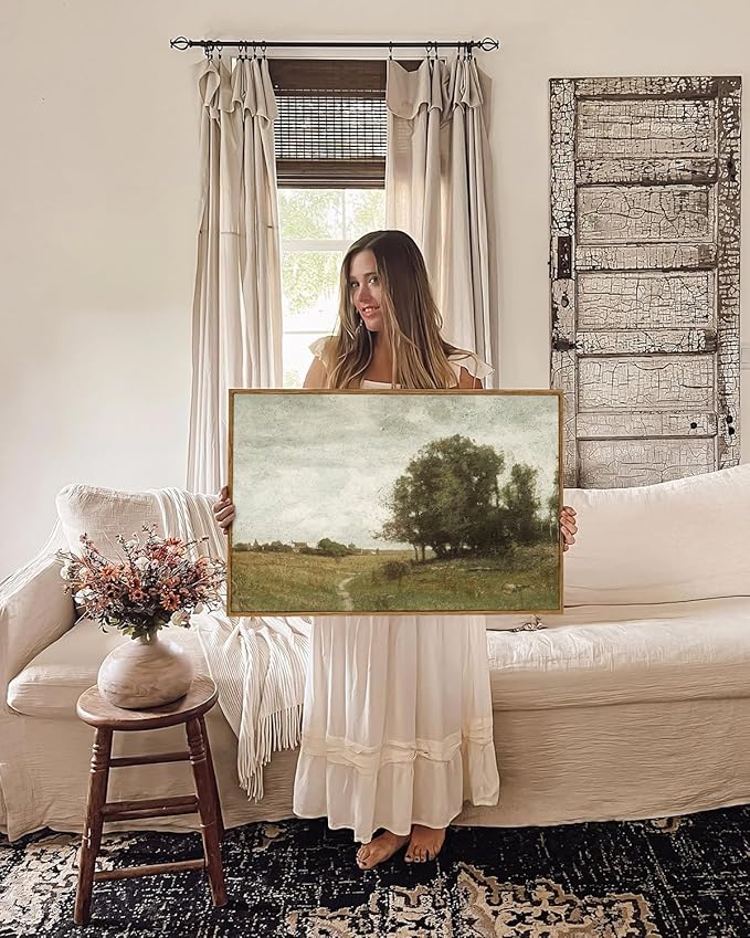 ARPEOTCY Vintage Framed Canvas Wall Art, Country Village Scenery Retro Painting Decor Aesthetic, Large Print Artwork, Landscape Wall Pictures for Living Room,20x30 Inch