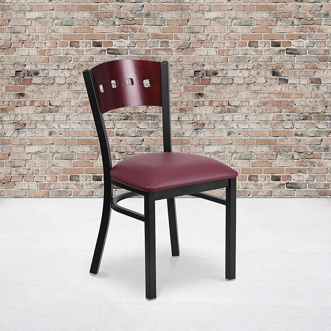 Flash Furniture 2 Pk. HERCULES Series Black 4 Square Back Metal Restaurant Chair - Mahogany Wood Back, Burgundy Vinyl Seat