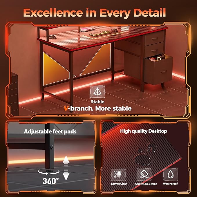 Mericonia Computer Desk 55 inch with Power Outlets & LED Lights, Gaming Desk with 3 Drawers for Home Office, Small Desk with Monitor Stand for Small Spaces, Study Writing Desk