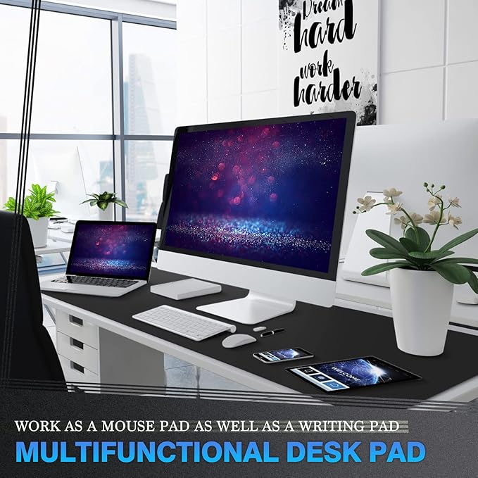 K KNODEL Large Office Leather Desk Mat, Mouse and Keyboard Pad, Computer and Laptop Mat, Desktop Protector and Cover, Writing Pad and Blotter (47.2"x17", Black)