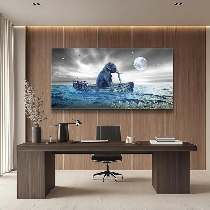 MHARTK66 Moon Beach Wall Art Prints- Modern Large Coastal Landscape Canvas Bedroom Blue Ocean Picture Relaxing Living Room Sea Scene Painting Elephant Boat Seascape Artwork Bathroom Office Home Decor
