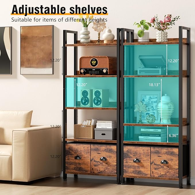 Furologee 5-Tier Bookshelf Set of 2,Tall Bookcase with 2 Drawers and Shelves, Industrial Display Free Standing Shelf Units, Storage Rack Organizer for Bedroom, Living Room, Home Office, Rustic Brown