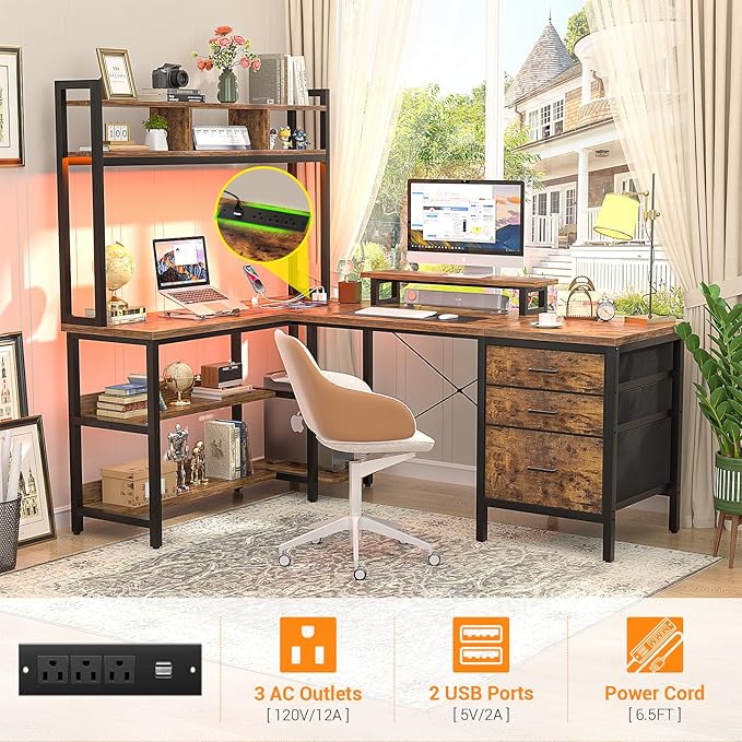 Aheaplus L Shaped Desk with Hutch, Gaming Desk with Led Lights, Reversible Computer Desk with Power Outlet, Corner Desk with File Drawer & Monitor Stand, Storage Shelves for Home, F1, Rustic Brown