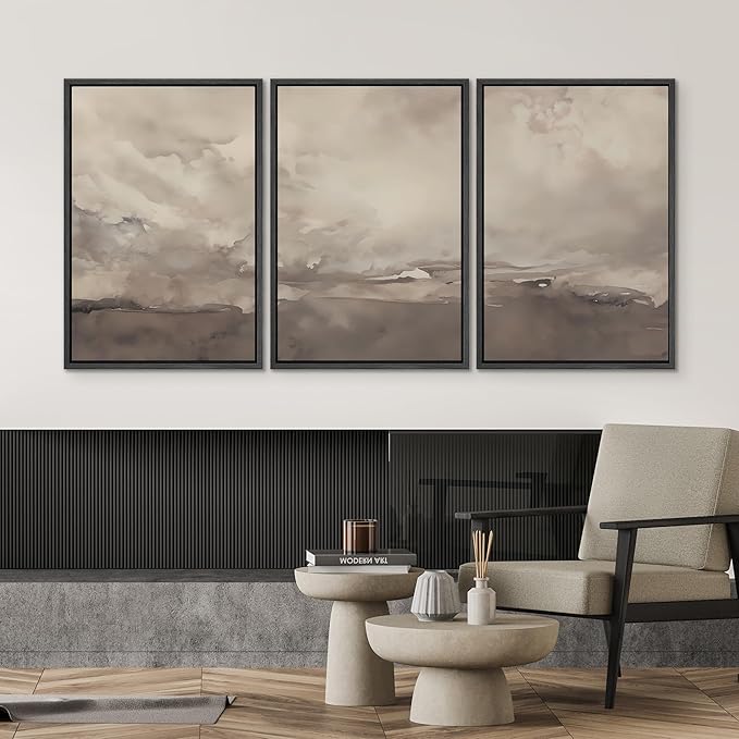 SIGNWIN Framed Canvas Print Wall Art Set Neutral Cloudy Sky Landscape Soft Beige and Taupe Illustrations Modern Art Decorative Boho Relax/Zen Nordic for Living Room, Bedroom, Office - 24"x36"x3 Black