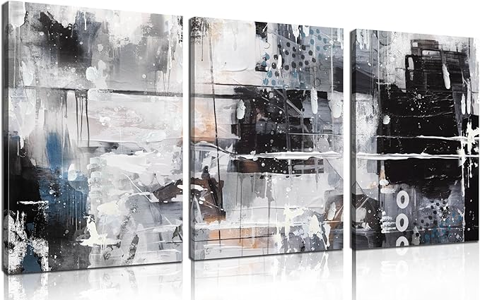 Abstract Wall Art for Living Room - Modern Black and White Wall Art for Bedroom - Home Office Wall Decor Size 12" x 16" x 3 Piece