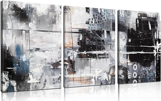 Abstract Wall Art for Living Room - Modern Black and White Wall Art for Bedroom - Home Office Wall Decor Size 12" x 16" x 3 Piece