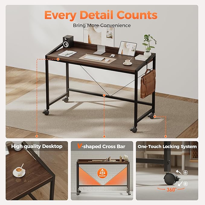 Mericonia 40 inch Rolling Computer Desk with Wheels, Gaming Desk for Small Spaces, Modern Simple Style Table for Home Office, Study Writing Table