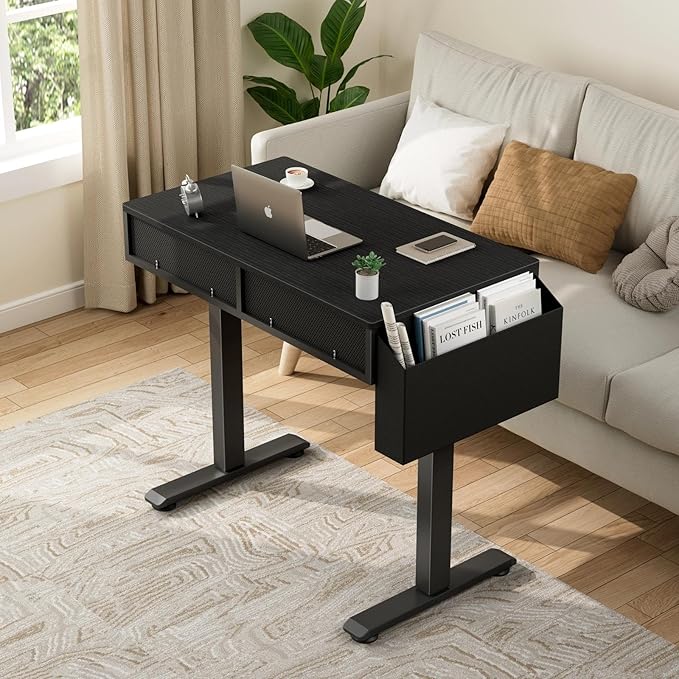 Electric Standing Desk with Drawers - 32 Inch Small Black Height Adjustable Sit Stand Desk with Storage for Home Office Bedroom, Study Writing Compact Stand up Computer Desks for Boys Girl Work