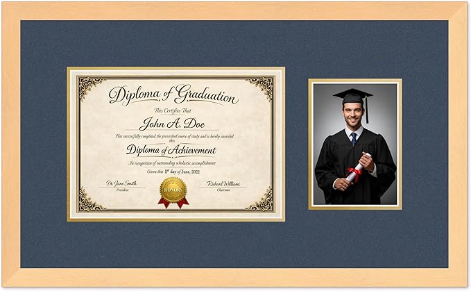 Diploma Frame With Photo Opening Natural Wood Navy Blue Over Gold Mat - Fits 11.69 x 8.27 Degree and Picture Made in the USA