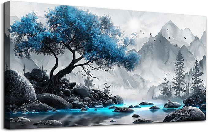 Lapremoly Large Canvas Wall Art For Living Room, Office, Bedroom - Black And White Painting - Blue Tree Landscape - Hotel Artwork - Family Home Decor