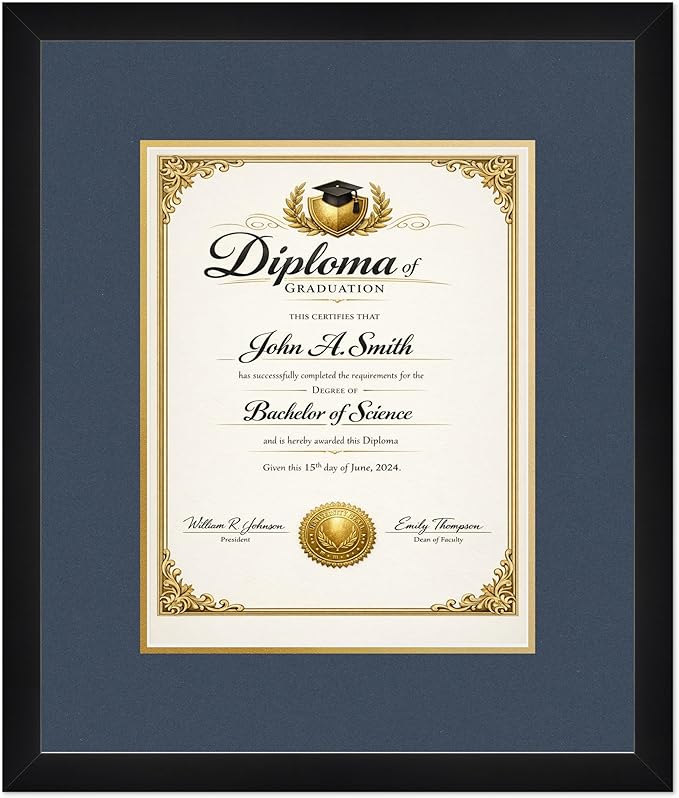 CountryArtHouse Diploma Frame Fits 10 x 13 College Diploma (Portrait Traditional) - Keepsake Graduation D Matte Black Genuine Hardwood with Navy Blue Over Metallic Gold Double mat