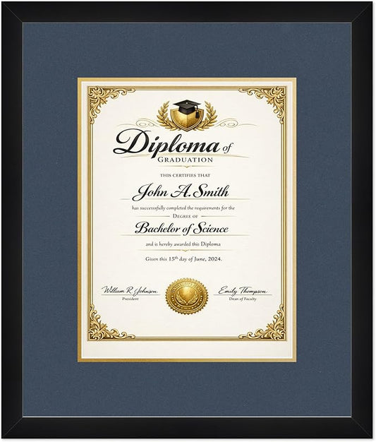CountryArtHouse Diploma Frame Fits 10 x 13 College Diploma (Portrait Traditional) - Keepsake Graduation D Matte Black Genuine Hardwood with Navy Blue Over Metallic Gold Double mat