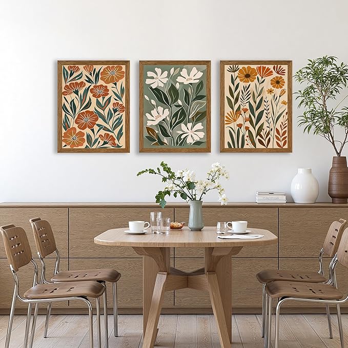 InspiredHues 3 Piece Abstract Boho Floral Canvas Wall Art, Green Beige Flower Market Wall Decor, Minimalist Colorful Botanica Artwork Prints for For Living Room Bedroom Office 12x16 Inch Wood Framed