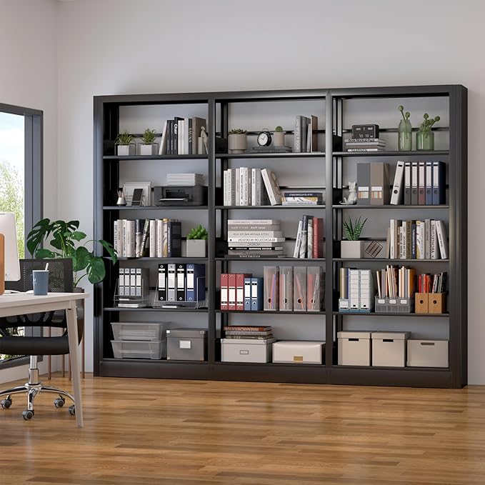 5-Tier Industrial Bookshelf, White Bookcases and Bookshelves,Tall Metal Book Shelf Storage Organizer,Freestanding Bookshelf for Living Room,Home Office (Black, Shelf-4)