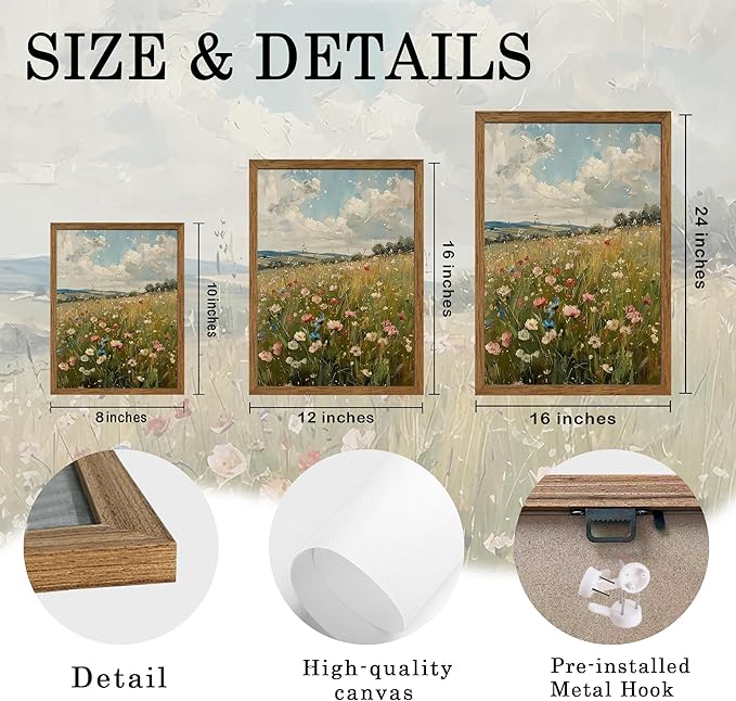 AVECCO Vintage Peaceful Wildflower Canvas Wall Art, Nature Floral Artwork Landscape Wall Decor, Colorfu Botanical Art Prints for Bedroom Living Room Office Home Decoration 12x16 Inches Wood Framed