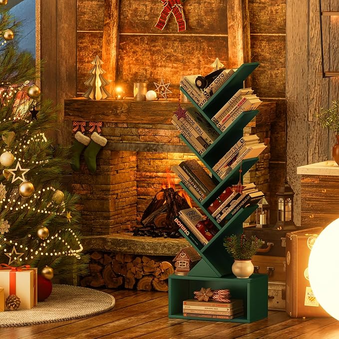 9 Tier Tree Bookshelf,Christmas Green Bookcase for Narrow Space, Storage Organizer Floor Standing Bookshelves for Books, Tall Book Case for Home Office, Living Room, Bedroom