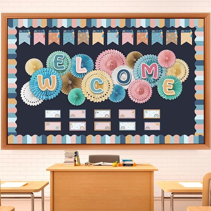 Qilery Welcome Bulletin Board Sets Welcome Back Classroom Decorations Bulletin Board Nameplate Cutout Paper Fans Banner for Back to School Chalkboard Wall Decor(Macaron)