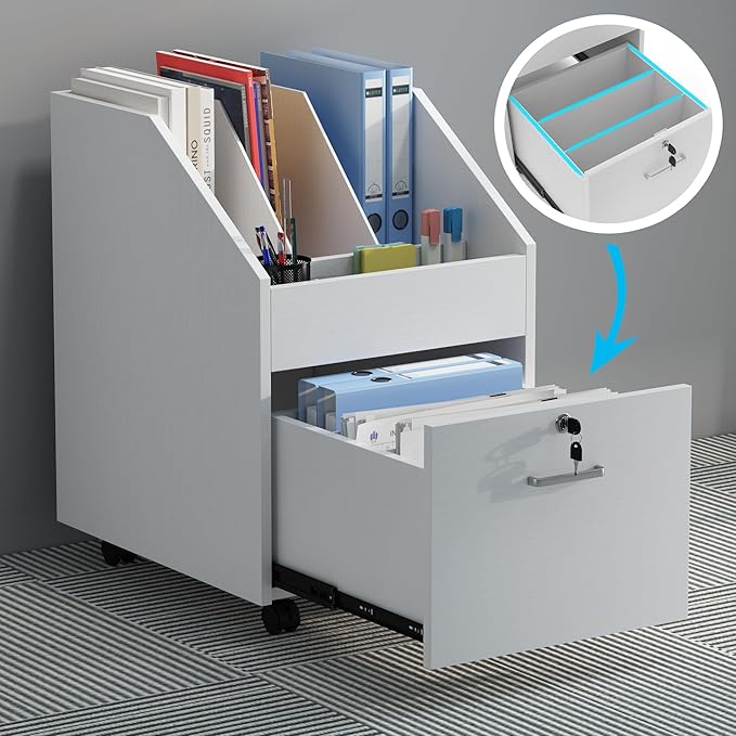 Mobile File Cabinet with Lock,Under Desk Rolling File Cabinets for Home Office,Wood Filing Cabinet (White)
