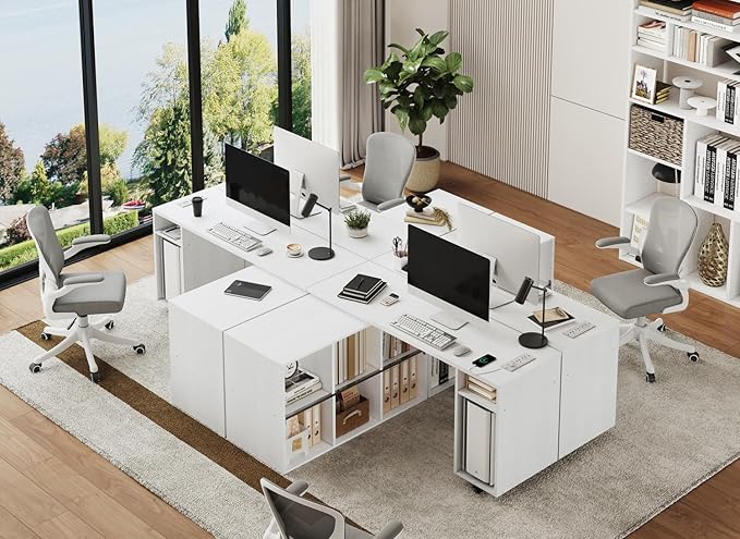 White L-Shaped Computer Desk Table with Charging Station–Small Study Writing Desk with Backless Storage Shelves, 67” Bedroom Side Table & 360°Rotating Desk