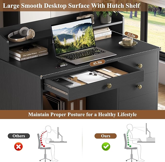 TTVIEW Computer Desk with Drawers and Hutch Shelf, Wood Executive Desk Writing Study Table with 43” Wide Tabletop, Small Desk with File Drawer for Home Office Bedroom, Black