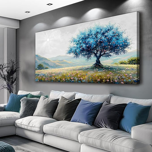 FUHAIHUA Canvas Wall Art For Living Room Modern Wall Decor For Bedroom Office Wall Decoration Pastoral Landscape Painting Blue Tree Pictures Artwork Ready To Hang Room Aesthetic Home Decor 20x40 In