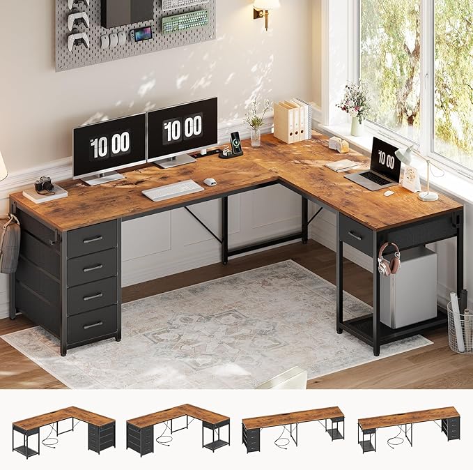 57" L Shaped Desk with 5 Drawers, Reversible Computer Corner Desk with Storage & Power Strip for Home Office, 78.7" Long 2 Person Desk, Rustic Brown