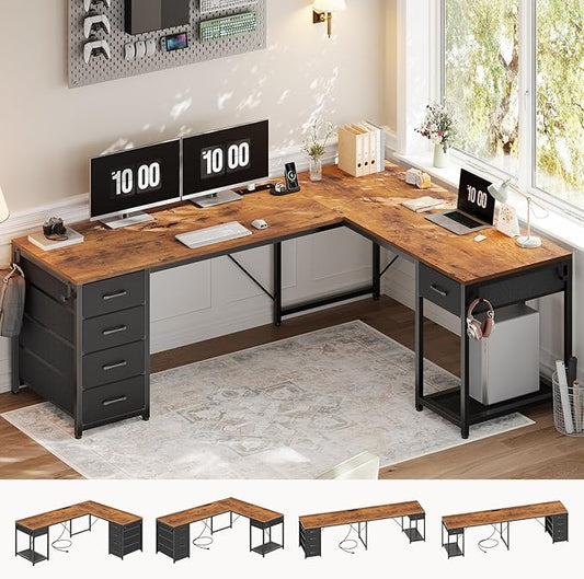 57" L Shaped Desk with 5 Drawers, Reversible Computer Corner Desk with Storage & Power Strip for Home Office, 78.7" Long 2 Person Desk, Rustic Brown